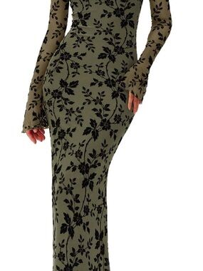 Long Sleeve Olive Green Floral Bodycon Maxi Dress